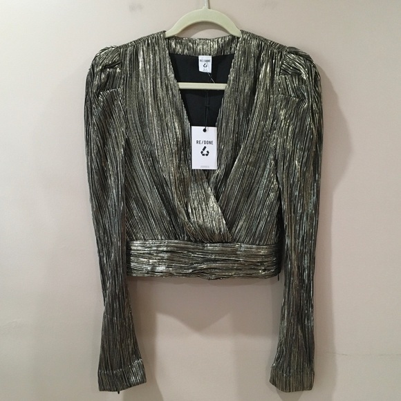 New Re/done top Womens Size Xs/S 90s upcycled crop Half Zip gold Black metallic - Picture 2 of 8